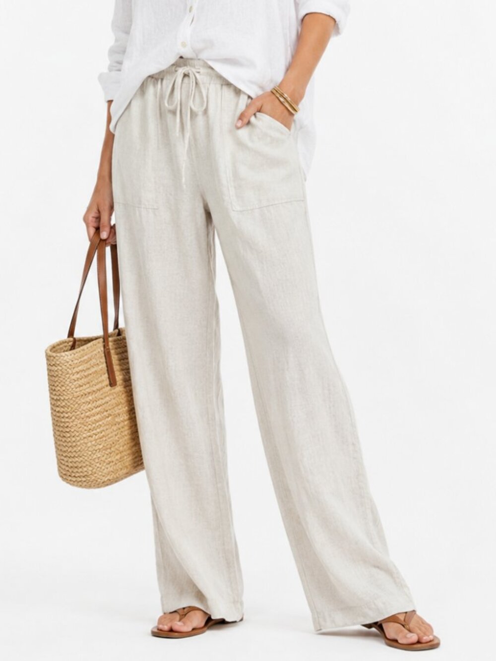Allen Allen 100% Linen Drawstring Pants Cream Relaxed Wide Leg Coastal Boho